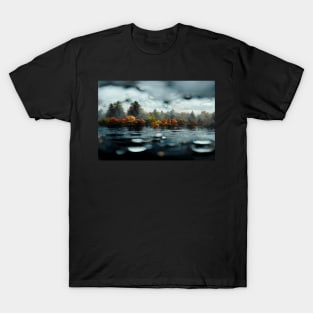 Foggy Lake Falling Raindrops On A Rainy Autumn Day T-Shirt